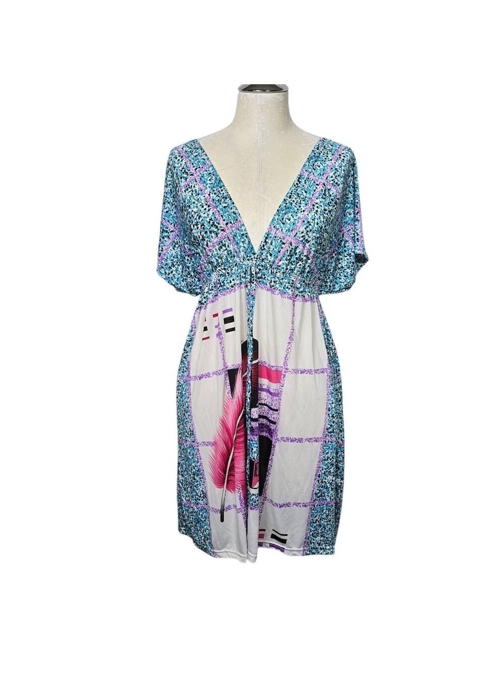 Paradise V Neck Feather Mini Blue Pink Dress L